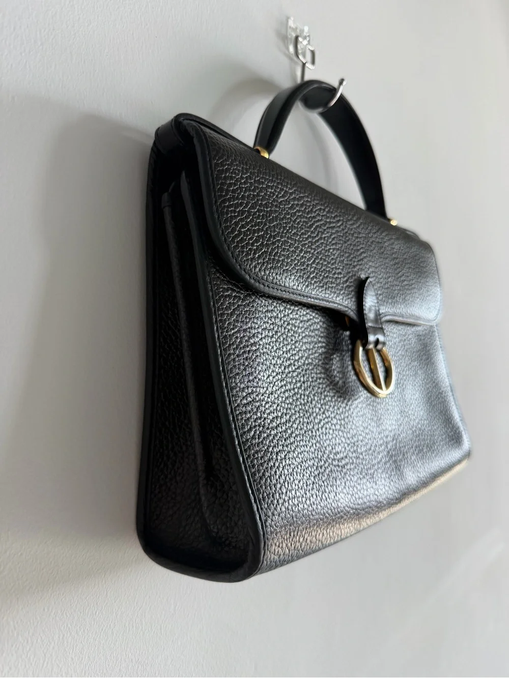 Vintage Dior Black Pebbled Leather Top-Handle Satchel with Gold Ring